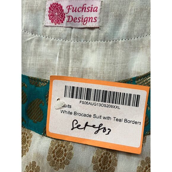 Fuchsia Designs Embroidered Kurta Tunic XXL White Teal Gold Brocade NWT - Picture 8 of 9